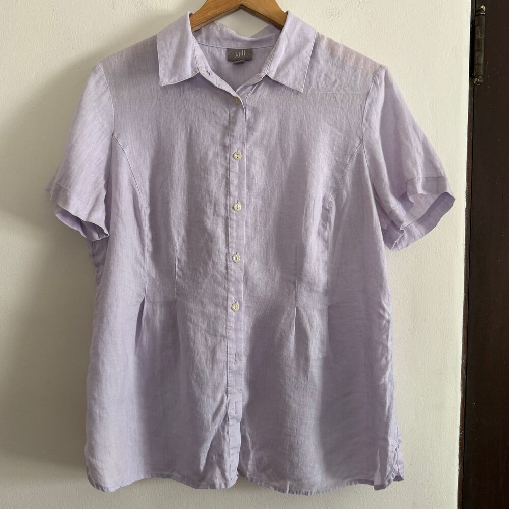 J.Jill | Lavender Purple  Linen Short Sleeve Button Down Blouse | Large